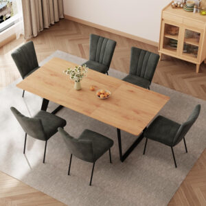 ZckyCine 67" Modern Rectangular Wooden Dining Table Set with 6 Brown Leather Chairs - Expandable, Space-Saving, Multifunctional