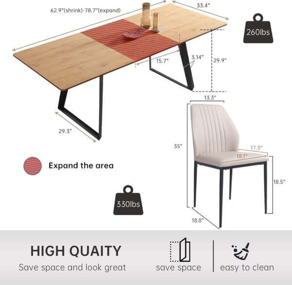 ZckyCine 67" Modern Rectangular Wooden Dining Table Set with 6 Brown Leather Chairs - Expandable, Space-Saving, Multifunctional