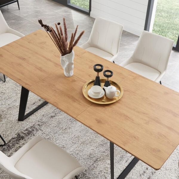 ZckyCine 67" Modern Rectangular Wooden Dining Table Set with 6 Brown Leather Chairs - Expandable, Space-Saving, Multifunctional