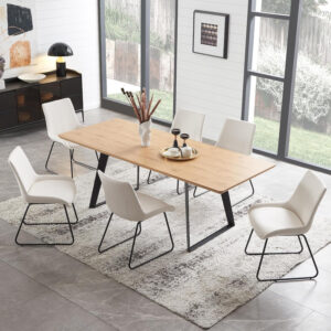 ZckyCine 67" Modern Rectangular Wooden Dining Table Set with 6 Brown Leather Chairs - Expandable, Space-Saving, Multifunctional