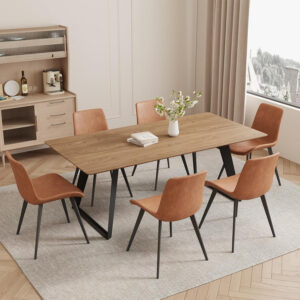 ZckyCine 67" Modern Rectangular Wooden Dining Table Set with 6 Brown Leather Chairs - Expandable, Space-Saving, Multifunctional
