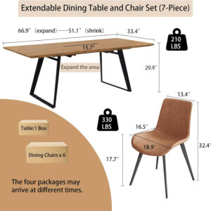 ZckyCine 67" Modern Rectangular Wooden Dining Table Set with 6 Brown Leather Chairs - Expandable, Space-Saving, Multifunctional