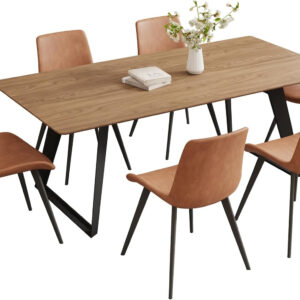 ZckyCine 67" Modern Rectangular Wooden Dining Table Set with 6 Brown Leather Chairs - Expandable, Space-Saving, Multifunctional