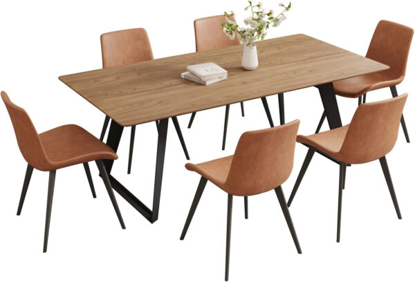 ZckyCine 67" Modern Rectangular Wooden Dining Table Set with 6 Brown Leather Chairs - Expandable, Space-Saving, Multifunctional