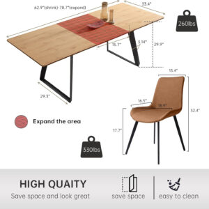 ZckyCine 67" Modern Rectangular Wooden Dining Table Set with 6 Brown Leather Chairs - Expandable, Space-Saving, Multifunctional