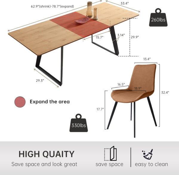 ZckyCine 67" Modern Rectangular Wooden Dining Table Set with 6 Brown Leather Chairs - Expandable, Space-Saving, Multifunctional