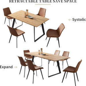 ZckyCine 67" Modern Rectangular Wooden Dining Table Set with 6 Brown Leather Chairs - Expandable, Space-Saving, Multifunctional