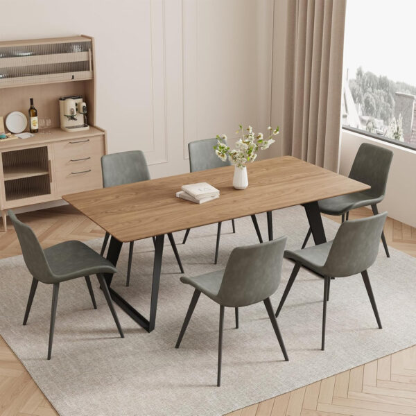 ZckyCine 67" Modern Rectangular Wooden Dining Table Set with 6 Brown Leather Chairs - Expandable, Space-Saving, Multifunctional