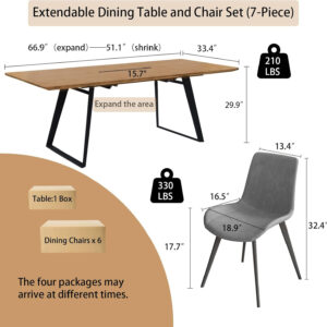 ZckyCine 67" Modern Rectangular Wooden Dining Table Set with 6 Brown Leather Chairs - Expandable, Space-Saving, Multifunctional