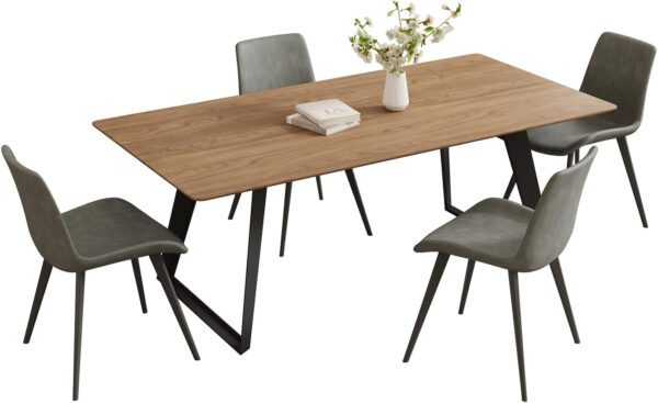 ZckyCine 67" Modern Rectangular Wooden Dining Table Set with 6 Brown Leather Chairs - Expandable, Space-Saving, Multifunctional