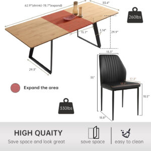 ZckyCine 67" Modern Rectangular Wooden Dining Table Set with 6 Brown Leather Chairs - Expandable, Space-Saving, Multifunctional