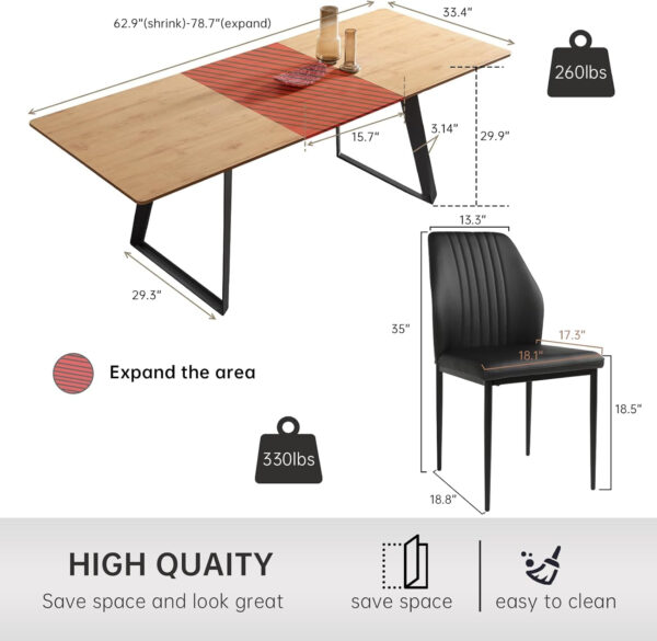 ZckyCine 67" Modern Rectangular Wooden Dining Table Set with 6 Brown Leather Chairs - Expandable, Space-Saving, Multifunctional