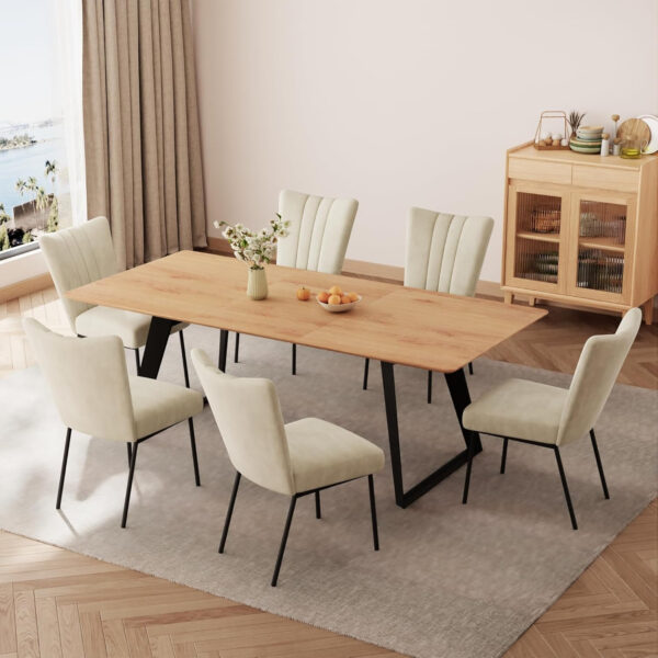 ZckyCine 67" Modern Rectangular Wooden Dining Table Set with 6 Brown Leather Chairs - Expandable, Space-Saving, Multifunctional