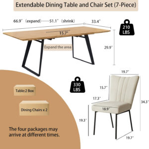 ZckyCine 67" Modern Rectangular Wooden Dining Table Set with 6 Brown Leather Chairs - Expandable, Space-Saving, Multifunctional