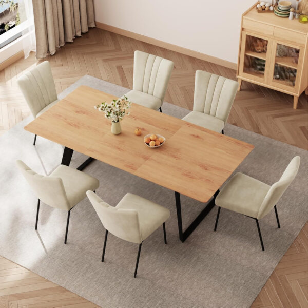 ZckyCine 67" Modern Rectangular Wooden Dining Table Set with 6 Brown Leather Chairs - Expandable, Space-Saving, Multifunctional