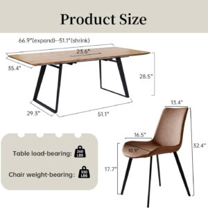 ZckyCine 67" Modern Rectangular Wooden Dining Table Set with 6 Brown Leather Chairs - Expandable, Space-Saving, Multifunctional
