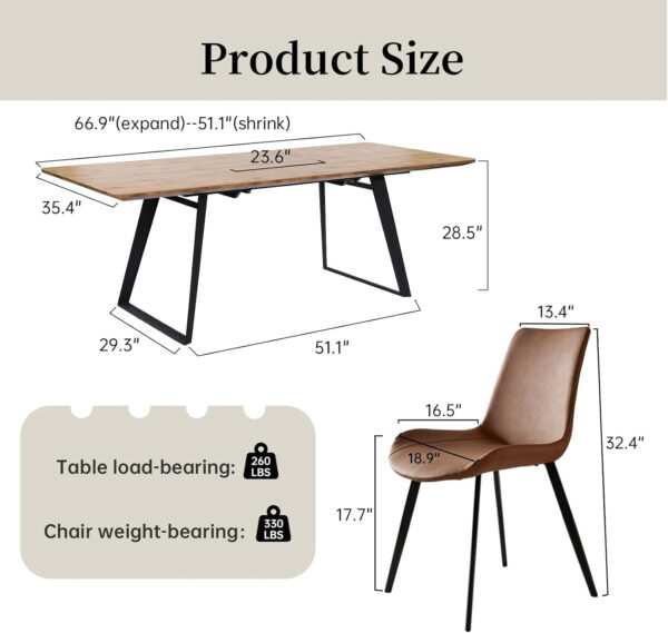 ZckyCine 67" Modern Rectangular Wooden Dining Table Set with 6 Brown Leather Chairs - Expandable, Space-Saving, Multifunctional
