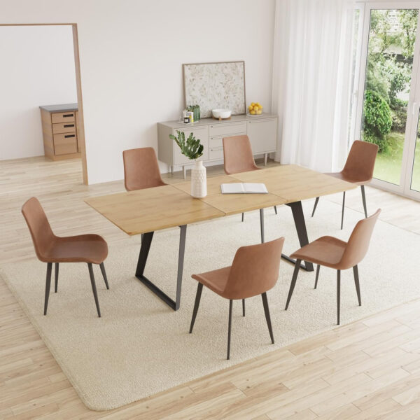 ZckyCine 67" Modern Rectangular Wooden Dining Table Set with 6 Brown Leather Chairs - Expandable, Space-Saving, Multifunctional