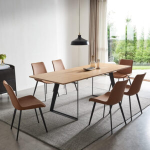 ZckyCine 67" Modern Rectangular Wooden Dining Table Set with 6 Brown Leather Chairs - Expandable, Space-Saving, Multifunctional