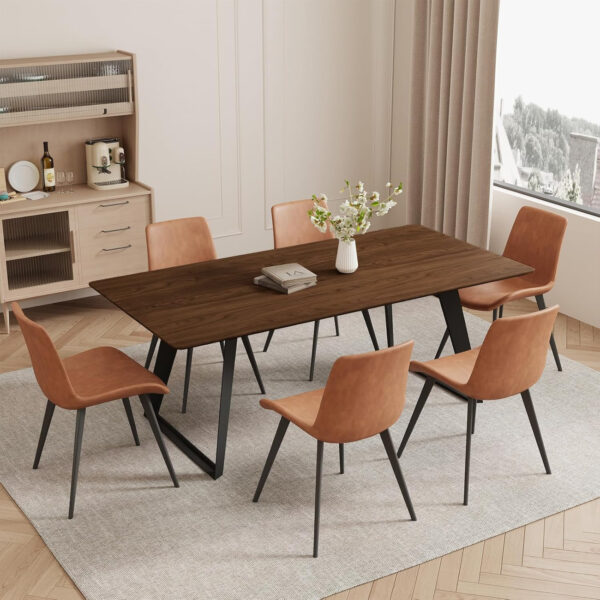 ZckyCine 67" Modern Rectangular Wooden Dining Table Set with 6 Brown Leather Chairs - Expandable, Space-Saving, Multifunctional