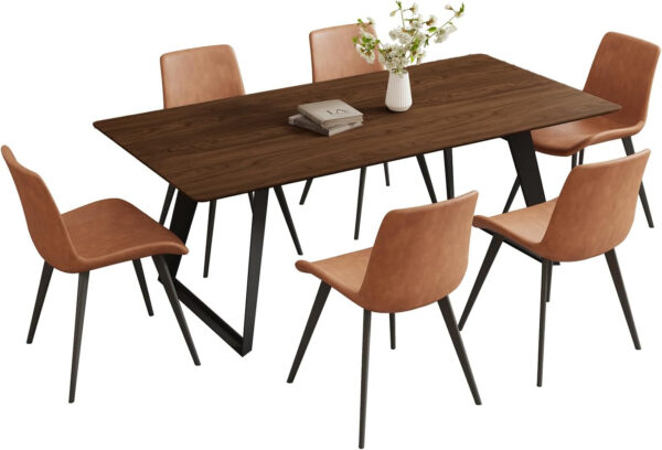 ZckyCine 67" Modern Rectangular Wooden Dining Table Set with 6 Brown Leather Chairs - Expandable, Space-Saving, Multifunctional