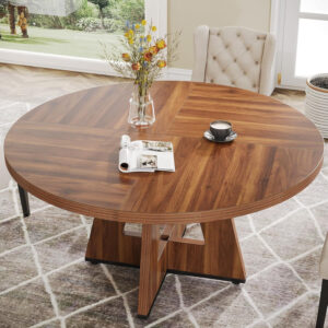 Tribesigns Farmhouse Dining Table, 47 Inch Round Dinner Table for 4, Rustic Round Dining Room Table for Home Dining Room Living Room (Wood)