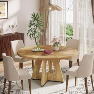 Tribesigns Farmhouse Dining Table, 47 Inch Round Dinner Table for 4, Rustic Round Dining Room Table for Home Dining Room Living Room (Wood)
