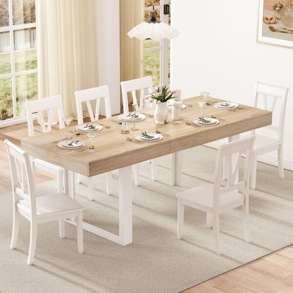 63"-78.7" Expandable Dining Table, 6-10 Farmhouse Kitchen Table, Extendable Dining Table, Rectangular Kitchen Table with Metal Track, Tapered U-Shaped Legs for Dining Room, Office-Oak