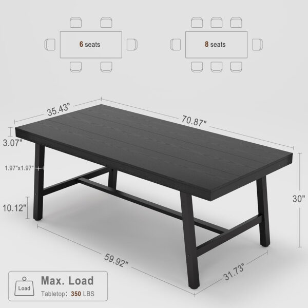 Industrial Dining Table for 6-8 People, 70.87" Long Wooden Kitchen Table with Sturdy Metal Frame & Rustic Brown Finish - Seats 6 Rectangular Counter for Dinner, Kitchen, Dining Room - Brown