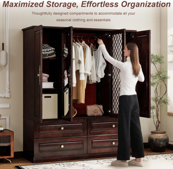 Solid Wood Armoire Wardrobe Closet, 4 Door Solid Wood Wardrobe Cabinet with 4 Drawers, Armoire Closet with Hanging Rods Storing Clothes for Bedroom (Dark Brown-7)