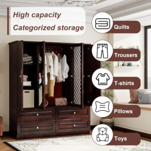 Solid Wood Armoire Wardrobe Closet, 4 Door Solid Wood Wardrobe Cabinet with 4 Drawers, Armoire Closet with Hanging Rods Storing Clothes for Bedroom (Dark Brown-7)