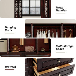 Solid Wood Armoire Wardrobe Closet, 4 Door Solid Wood Wardrobe Cabinet with 4 Drawers, Armoire Closet with Hanging Rods Storing Clothes for Bedroom (Dark Brown-7)