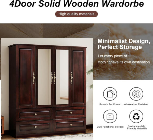 Solid Wood Armoire Wardrobe Closet, 4 Door Solid Wood Wardrobe Cabinet with 4 Drawers, Armoire Closet with Hanging Rods Storing Clothes for Bedroom (Dark Brown-7)