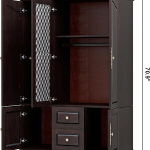 Solid Wood Armoire Wardrobe Closet, 4 Door Solid Wood Wardrobe Cabinet with 4 Drawers, Armoire Closet with Hanging Rods Storing Clothes for Bedroom (Dark Brown-7)