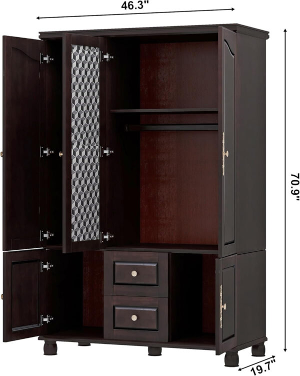 Solid Wood Armoire Wardrobe Closet, 4 Door Solid Wood Wardrobe Cabinet with 4 Drawers, Armoire Closet with Hanging Rods Storing Clothes for Bedroom (Dark Brown-7)