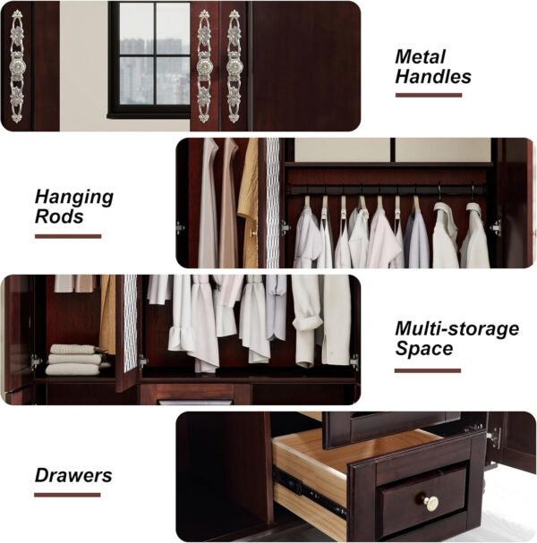 Solid Wood Armoire Wardrobe Closet, 4 Door Solid Wood Wardrobe Cabinet with 4 Drawers, Armoire Closet with Hanging Rods Storing Clothes for Bedroom (Dark Brown-7)