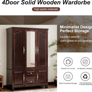 Solid Wood Armoire Wardrobe Closet, 4 Door Solid Wood Wardrobe Cabinet with 4 Drawers, Armoire Closet with Hanging Rods Storing Clothes for Bedroom (Dark Brown-7)