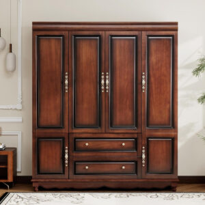 Solid Wood Armoire Wardrobe Closet, 4 Door Solid Wood Wardrobe Cabinet with 4 Drawers, Armoire Closet with Hanging Rods Storing Clothes for Bedroom (Dark Brown-7)