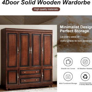 Solid Wood Armoire Wardrobe Closet, 4 Door Solid Wood Wardrobe Cabinet with 4 Drawers, Armoire Closet with Hanging Rods Storing Clothes for Bedroom (Dark Brown-7)