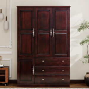 Solid Wood Armoire Wardrobe Closet, 4 Door Solid Wood Wardrobe Cabinet with 4 Drawers, Armoire Closet with Hanging Rods Storing Clothes for Bedroom (Dark Brown-7)