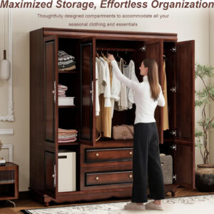 Solid Wood Armoire Wardrobe Closet, 4 Door Solid Wood Wardrobe Cabinet with 4 Drawers, Armoire Closet with Hanging Rods Storing Clothes for Bedroom (Dark Brown-7)