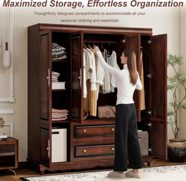 Solid Wood Armoire Wardrobe Closet, 4 Door Solid Wood Wardrobe Cabinet with 4 Drawers, Armoire Closet with Hanging Rods Storing Clothes for Bedroom (Dark Brown-7)