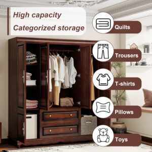 Solid Wood Armoire Wardrobe Closet, 4 Door Solid Wood Wardrobe Cabinet with 4 Drawers, Armoire Closet with Hanging Rods Storing Clothes for Bedroom (Dark Brown-7)
