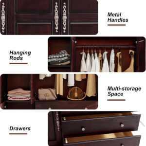 Solid Wood Armoire Wardrobe Closet, 4 Door Solid Wood Wardrobe Cabinet with 4 Drawers, Armoire Closet with Hanging Rods Storing Clothes for Bedroom (Dark Brown-7)