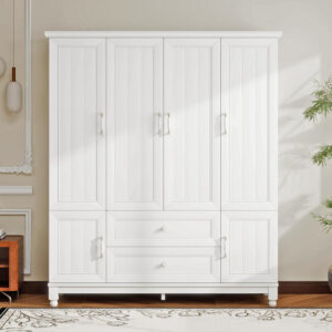 Solid Wood Armoire Wardrobe Closet, 4 Door Solid Wood Wardrobe Cabinet with 4 Drawers, Armoire Closet with Hanging Rods Storing Clothes for Bedroom (Dark Brown-7)