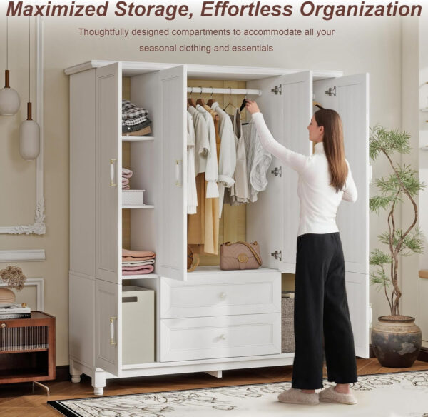 Solid Wood Armoire Wardrobe Closet, 4 Door Solid Wood Wardrobe Cabinet with 4 Drawers, Armoire Closet with Hanging Rods Storing Clothes for Bedroom (Dark Brown-7)