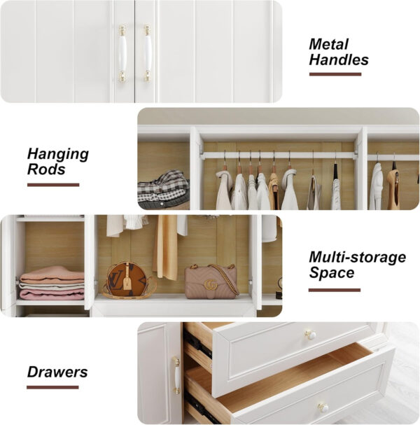 Solid Wood Armoire Wardrobe Closet, 4 Door Solid Wood Wardrobe Cabinet with 4 Drawers, Armoire Closet with Hanging Rods Storing Clothes for Bedroom (Dark Brown-7)