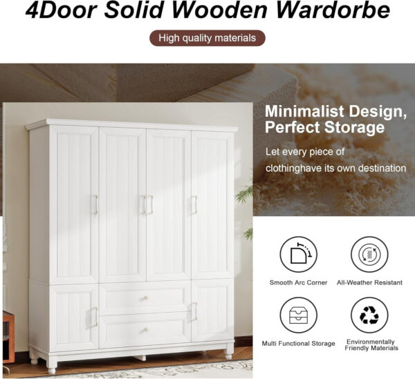 Solid Wood Armoire Wardrobe Closet, 4 Door Solid Wood Wardrobe Cabinet with 4 Drawers, Armoire Closet with Hanging Rods Storing Clothes for Bedroom (Dark Brown-7)