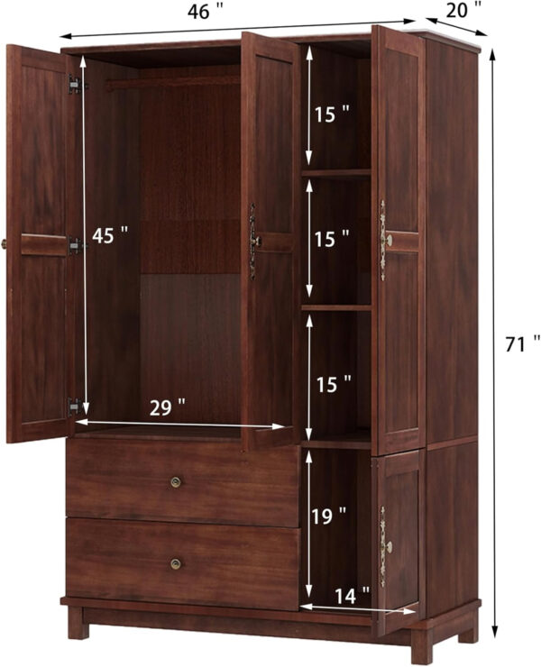 Solid Wood Armoire Wardrobe Closet, 4 Door Solid Wood Wardrobe Cabinet with 4 Drawers, Armoire Closet with Hanging Rods Storing Clothes for Bedroom (Dark Brown-7)