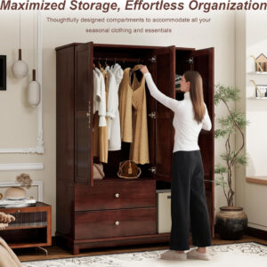 Solid Wood Armoire Wardrobe Closet, 4 Door Solid Wood Wardrobe Cabinet with 4 Drawers, Armoire Closet with Hanging Rods Storing Clothes for Bedroom (Dark Brown-7)